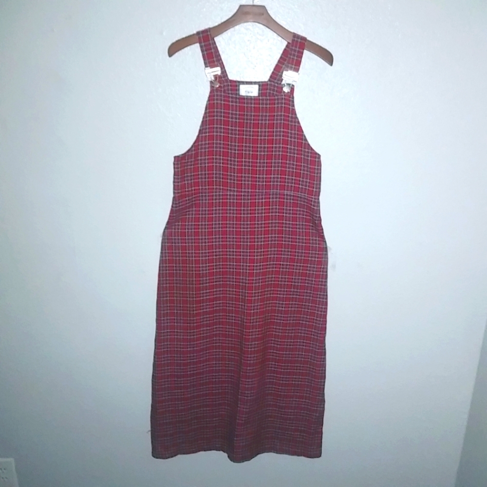 Country Wear Casuals M Cottagecore Y2K Plaid Maxi Overalls Jumper Dress in Red